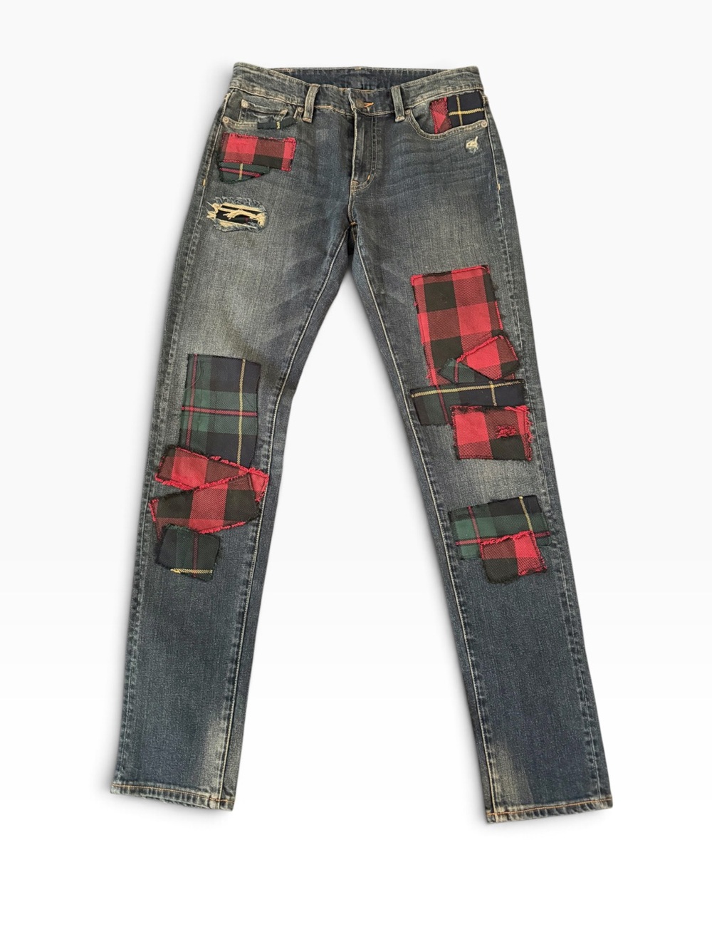 Vintage Denim & Supply Ralph Lauren Skinny Blue Jeans Plaid + Tartan Patches